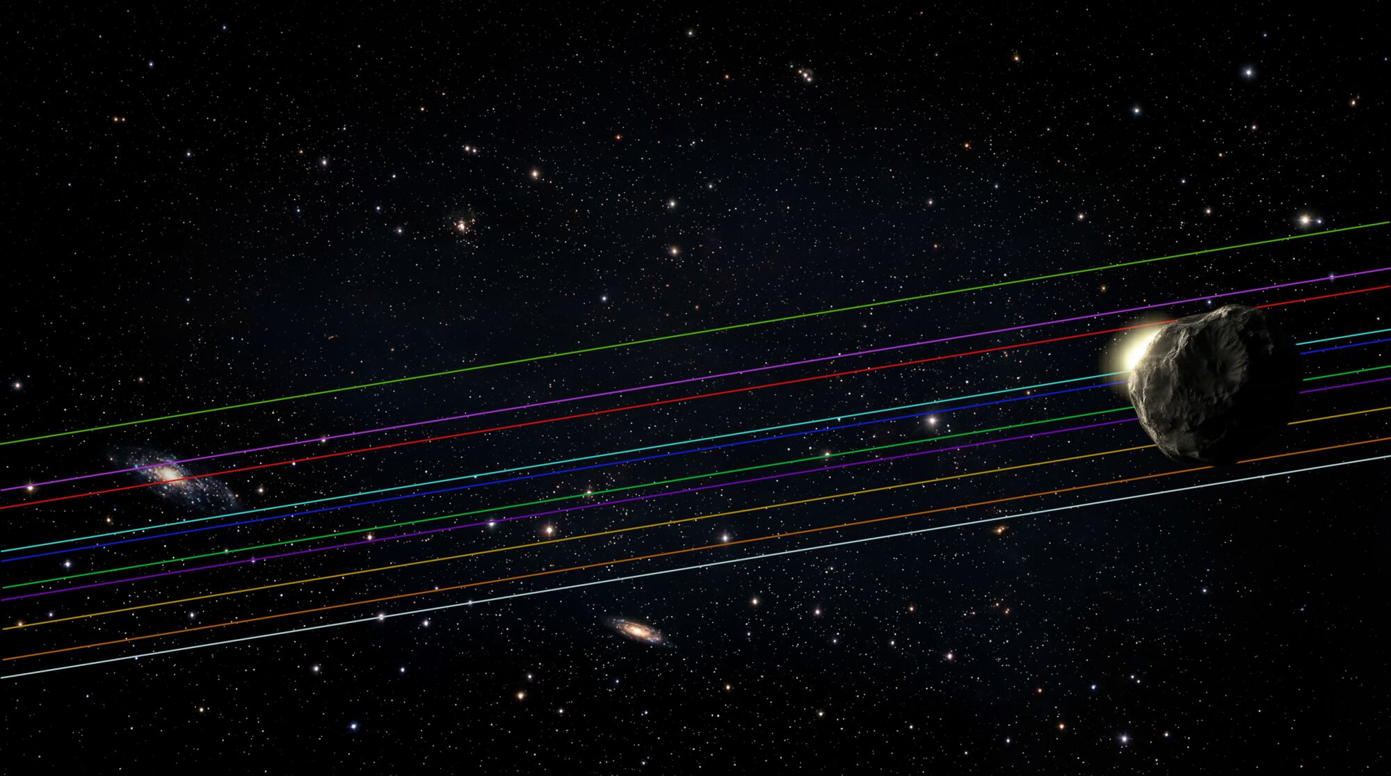 Occultation chords: parallel colored lines, one per observer, crossing the silhouette of an asteroid against a field of stars.