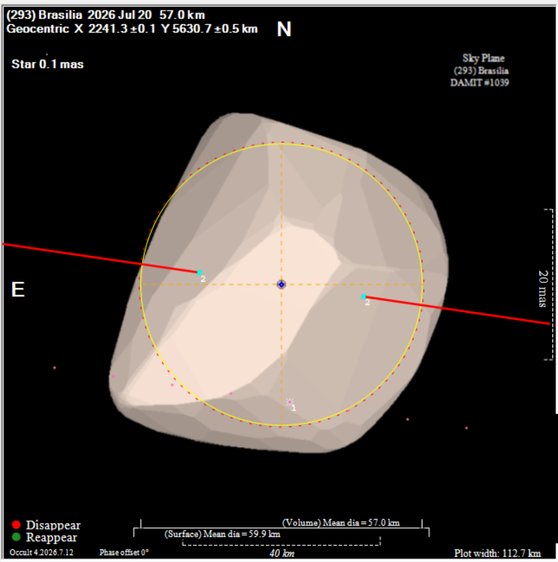 Sky-plane plot of timed chords laid over a 3-D shape model of asteroid (293) Brasilia, 57 km mean diameter